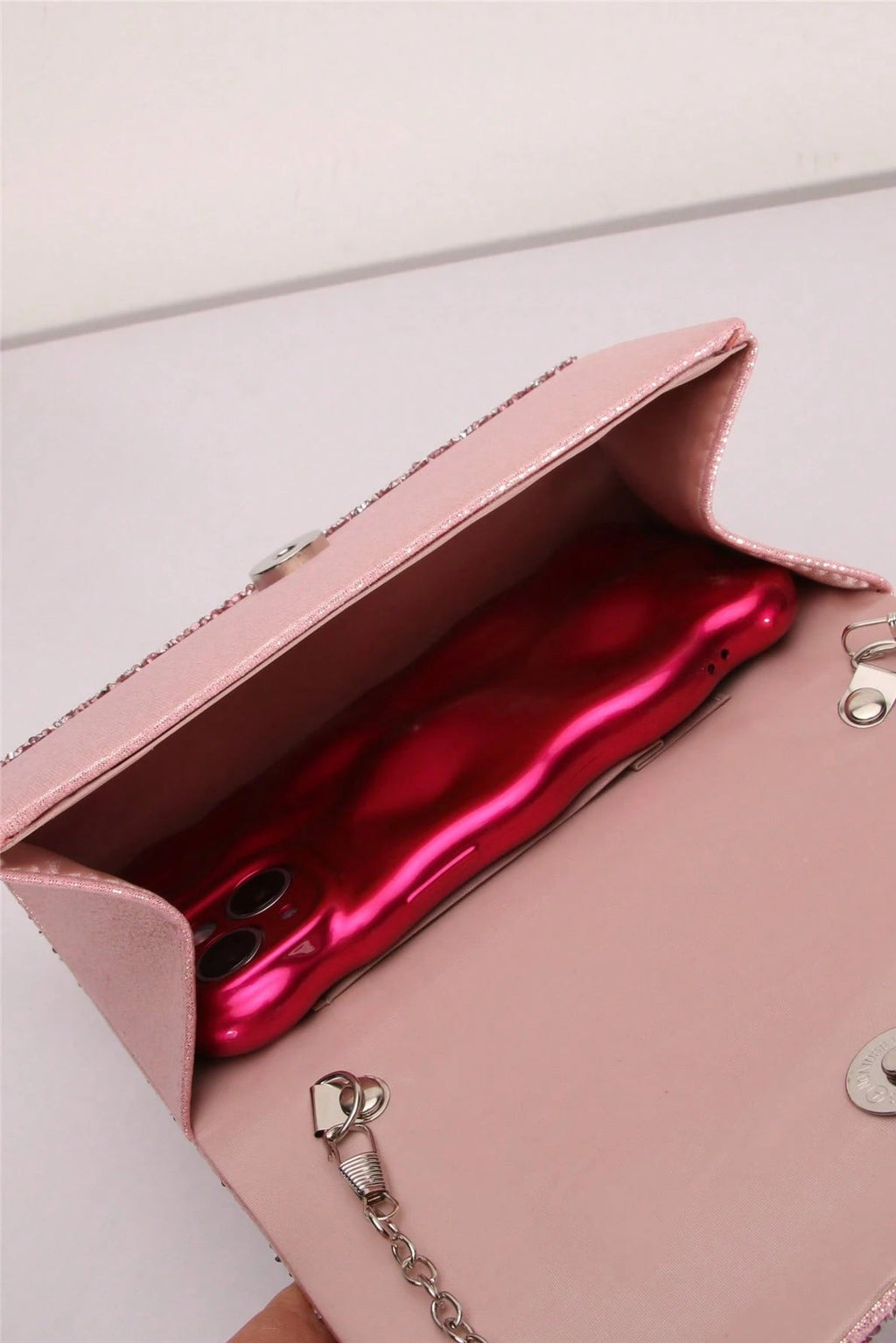 Pink Silver Gradient Mixed Glitter Rectangular Hard Box Clutch Bag Braided Glitter Short Handheld Handle