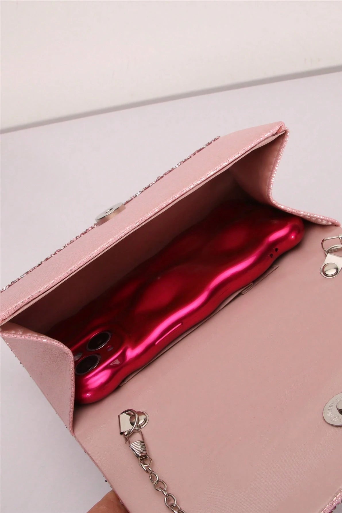 Pink Silver Gradient Mixed Glitter Rectangular Hard Box Clutch Bag Braided Glitter Short Handheld Handle