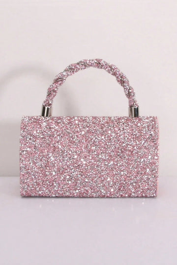 Pink Silver Gradient Mixed Glitter Rectangular Hard Box Clutch Bag Braided Glitter Short Handheld Handle