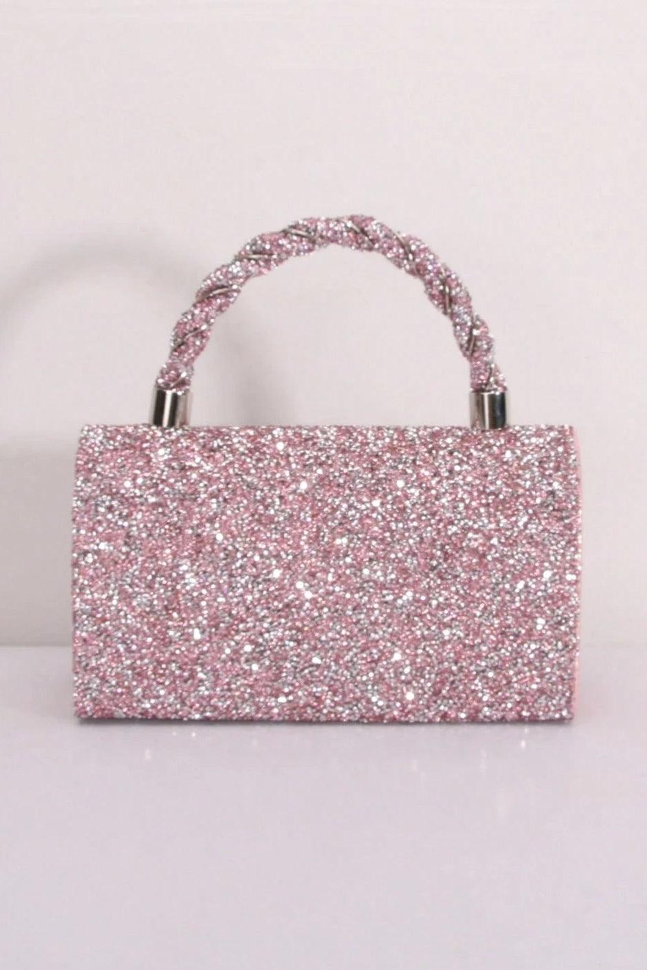 Pink Silver Gradient Mixed Glitter Rectangular Hard Box Clutch Bag Braided Glitter Short Handheld Handle