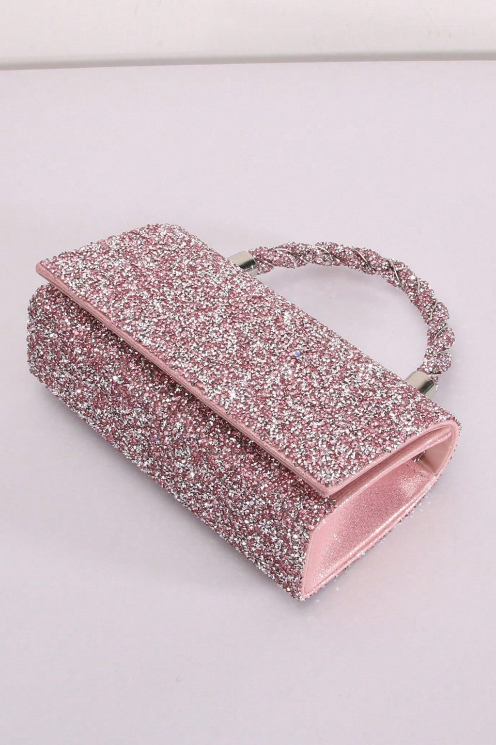 Pink Silver Gradient Mixed Glitter Rectangular Hard Box Clutch Bag Braided Glitter Short Handheld Handle