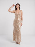Champagne Sequins Sheath V-Neck Criss-Cross Straps Floor-Length Dress with Open Back