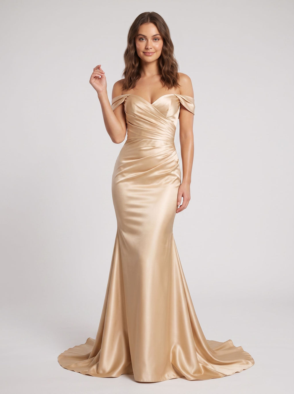 Gold Satin Mermaid Off-the-Shoulder Back Zip Floor-Length Dress with Ruched Bodice & Sweep Train
