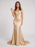 Gold Satin Mermaid Off-the-Shoulder Back Zip Floor-Length Dress with Ruched Bodice & Sweep Train