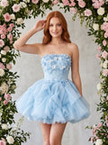 Sky Blue Tulle A-Line Straight Across Lace-Up Back Mini Dress