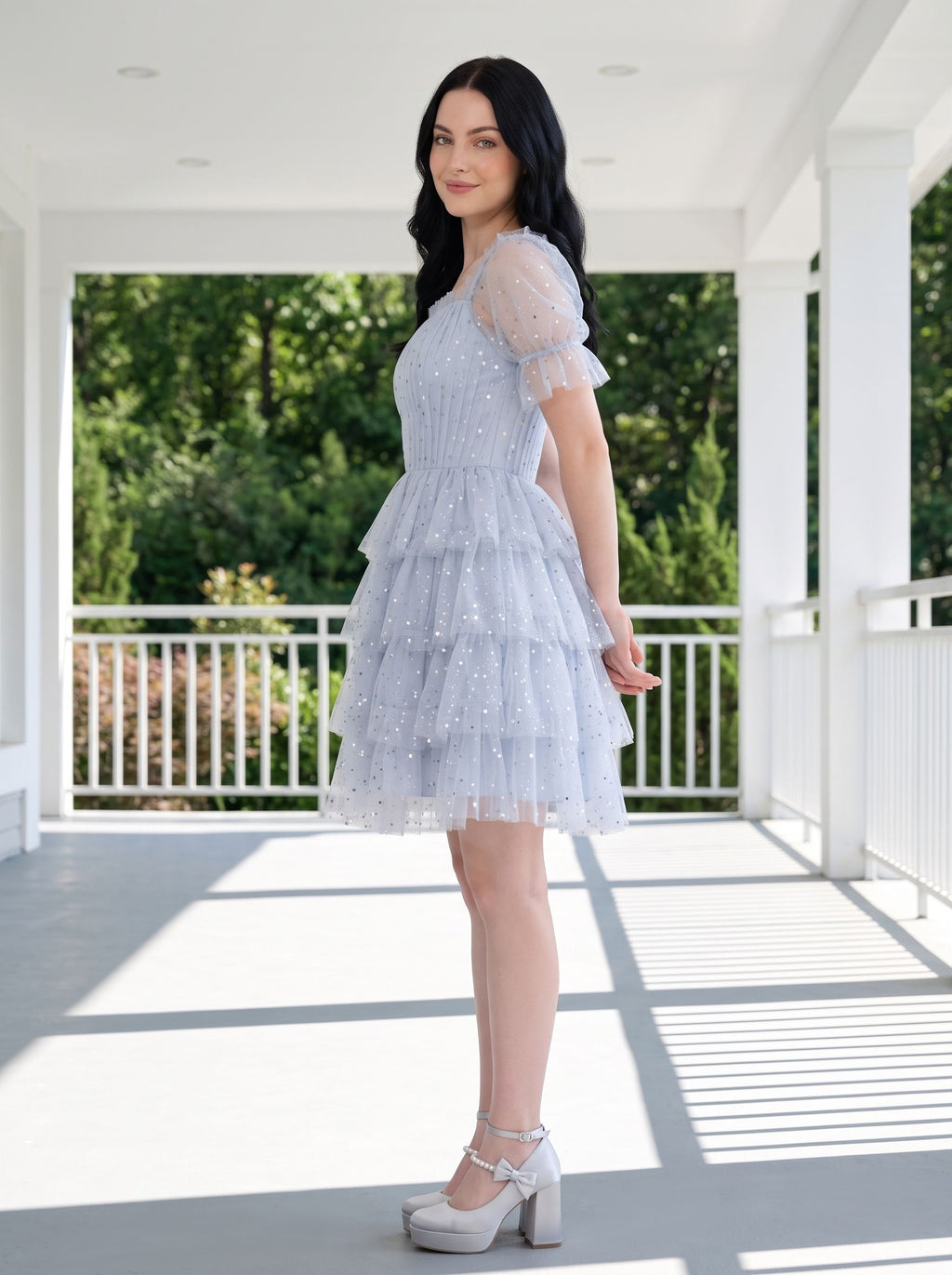 Mist Tulle A-Line Square Neck Back Zip Short Dress with Tiered Tulle Layers