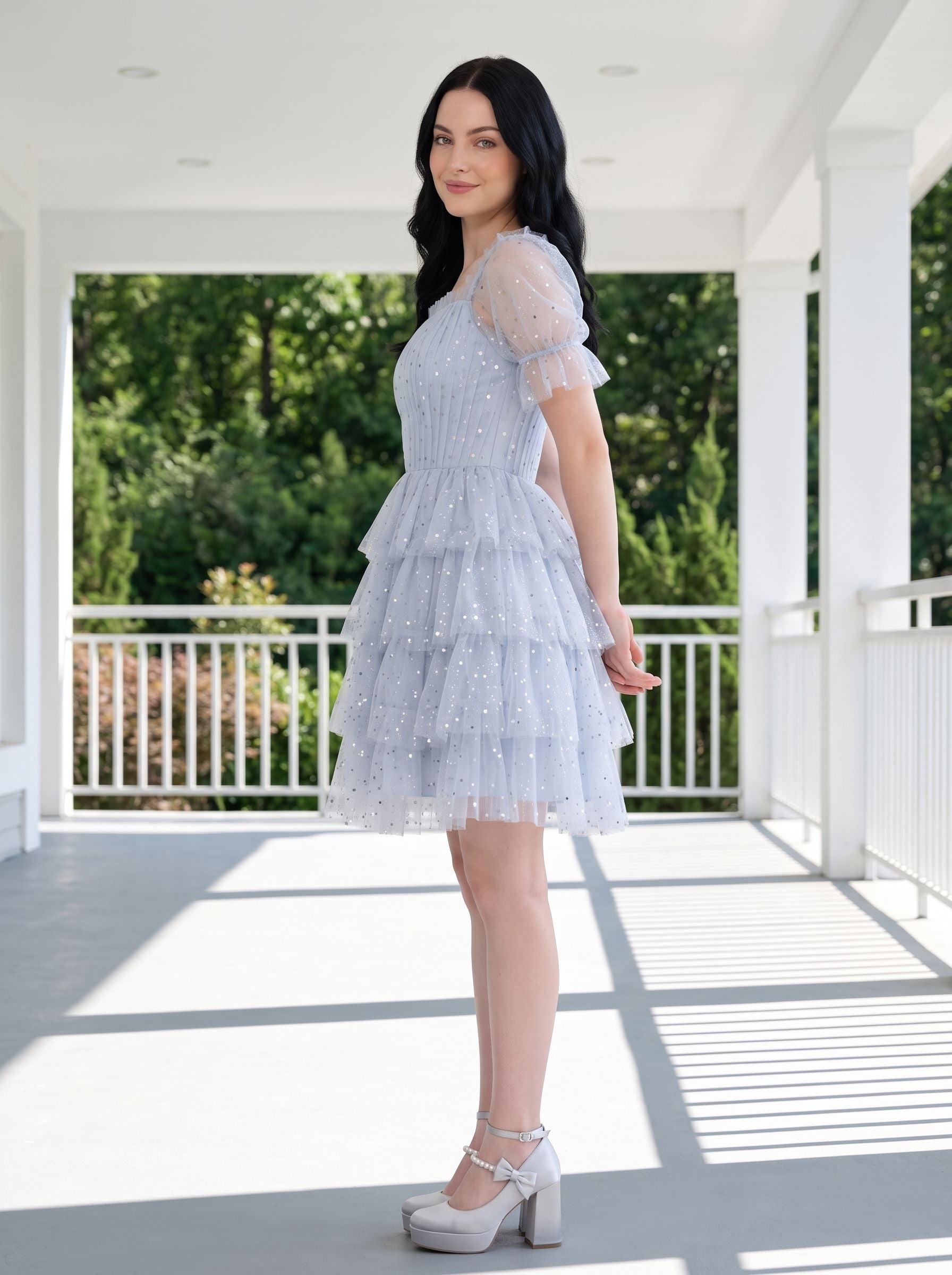 Mist Tulle A-Line Square Neck Back Zip Short Dress with Tiered Tulle Layers