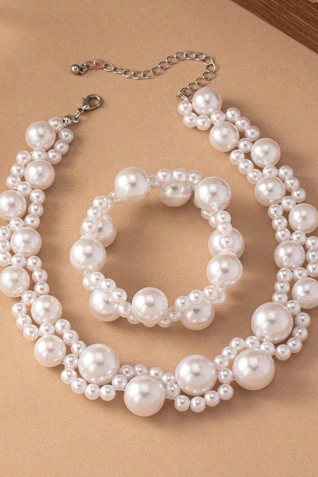 Double Layer Mixed Size Pearl Choker Necklace Bracelet Set Vintage Bridal Wedding Jewelry
