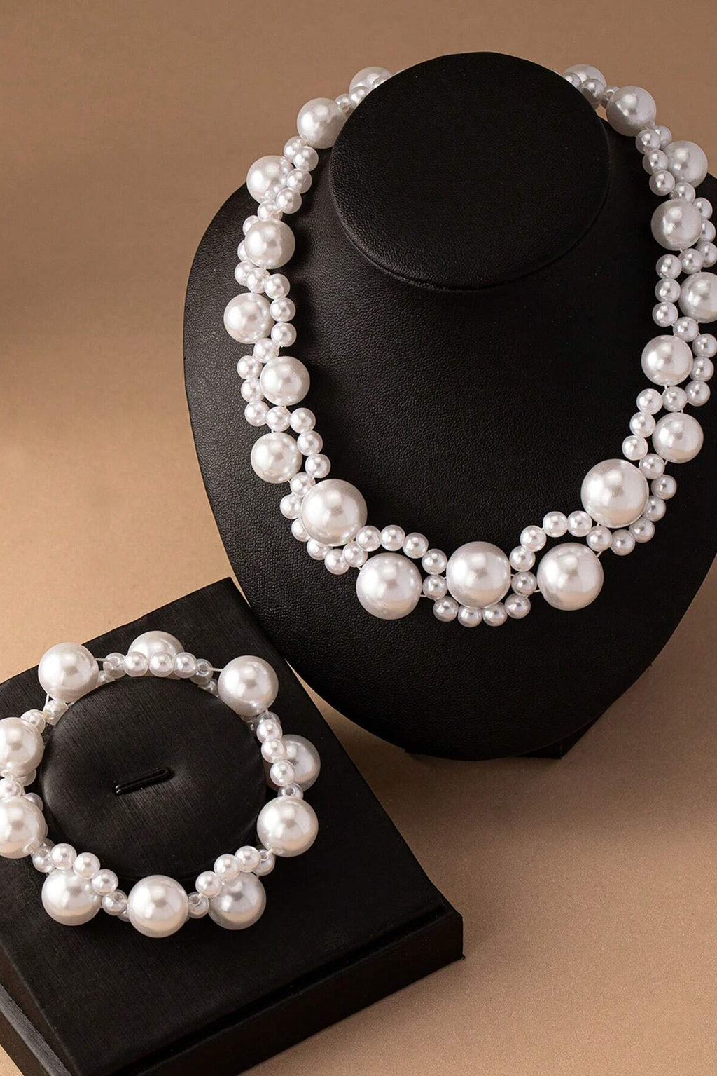 Double Layer Mixed Size Pearl Choker Necklace Bracelet Set Vintage Bridal Wedding Jewelry