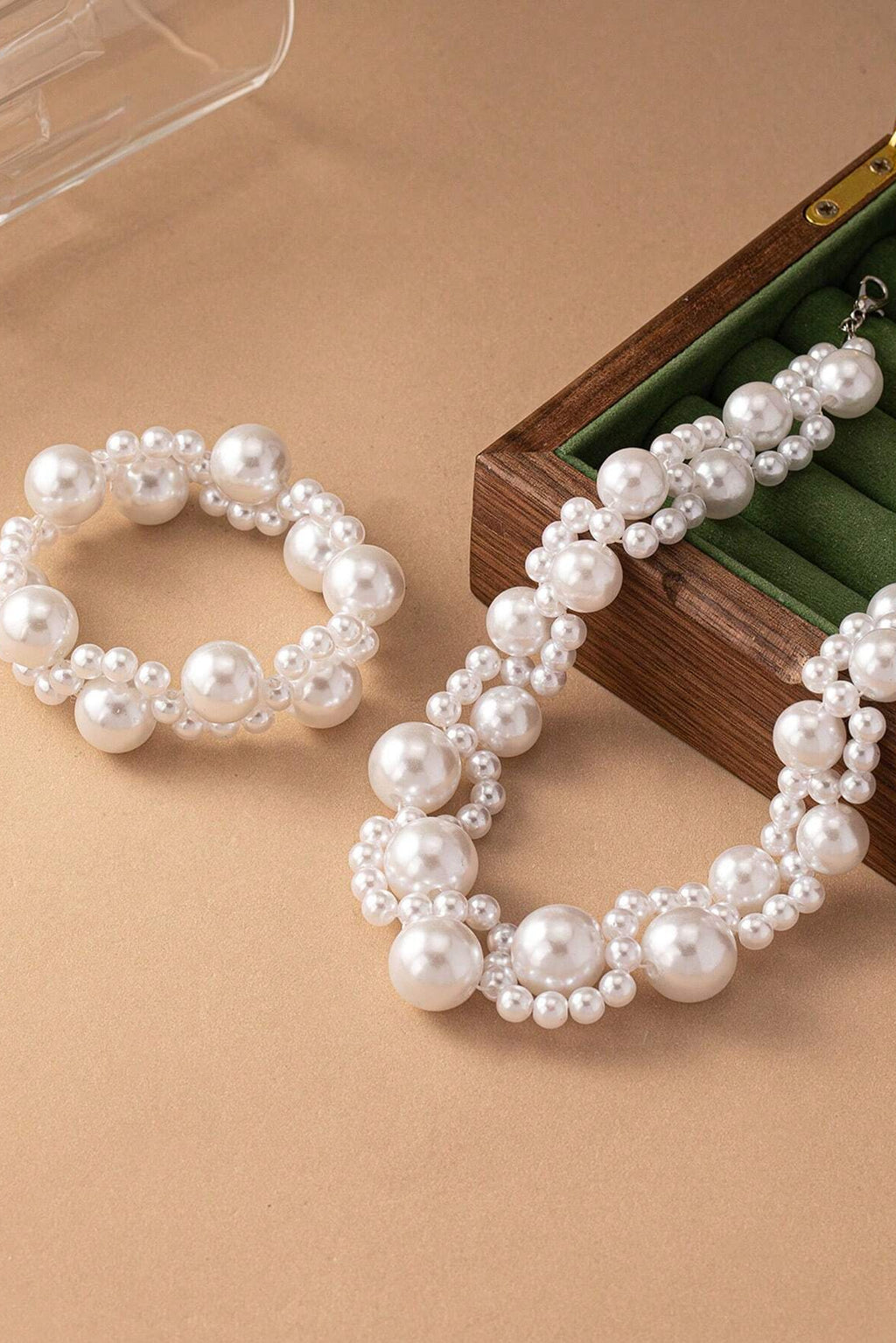 Double Layer Mixed Size Pearl Choker Necklace Bracelet Set Vintage Bridal Wedding Jewelry