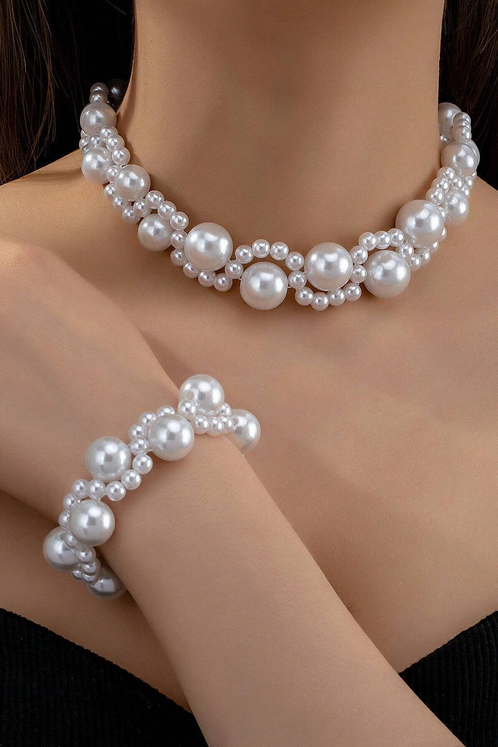 Double Layer Mixed Size Pearl Choker Necklace Bracelet Set Vintage Bridal Wedding Jewelry