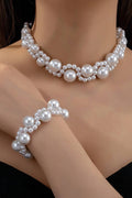 Double Layer Mixed Size Pearl Choker Necklace Bracelet Set Vintage Bridal Wedding Jewelry