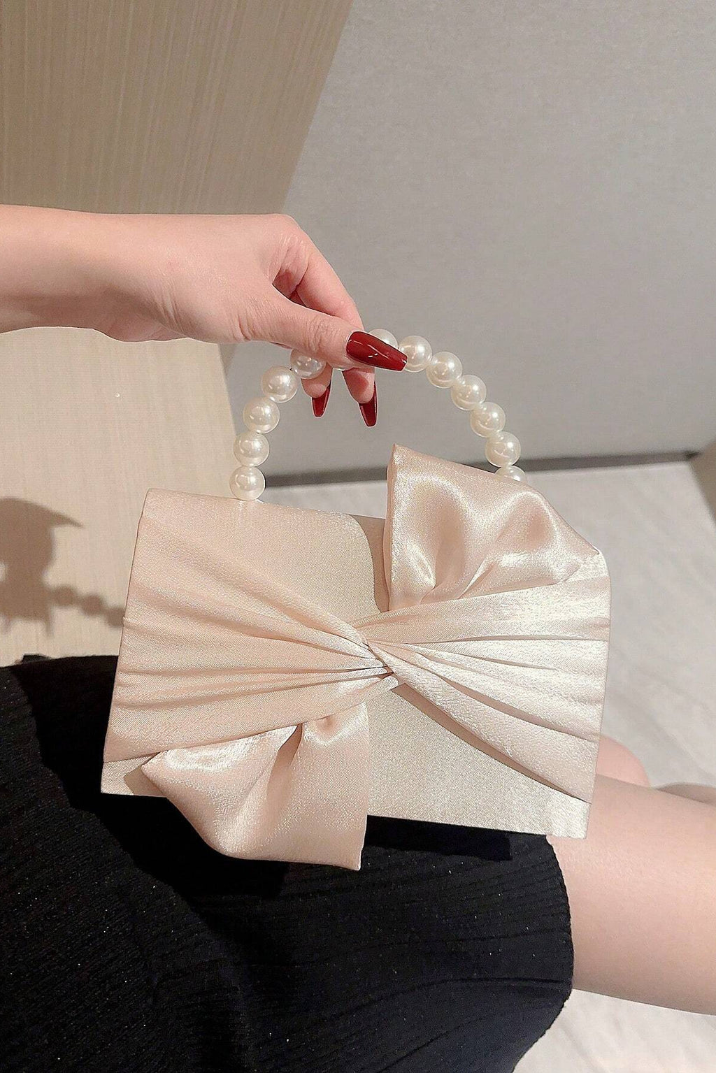 Light Blush Pink Smooth Satin Twisted Large Bow Mini Clutch Bag White Pearl Bead Handheld Handle