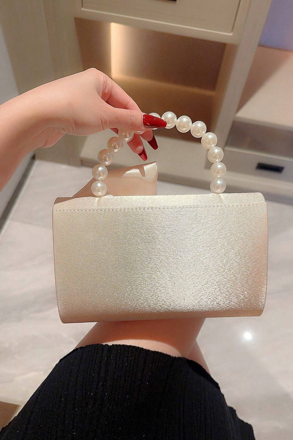 Light Blush Pink Smooth Satin Twisted Large Bow Mini Clutch Bag White Pearl Bead Handheld Handle