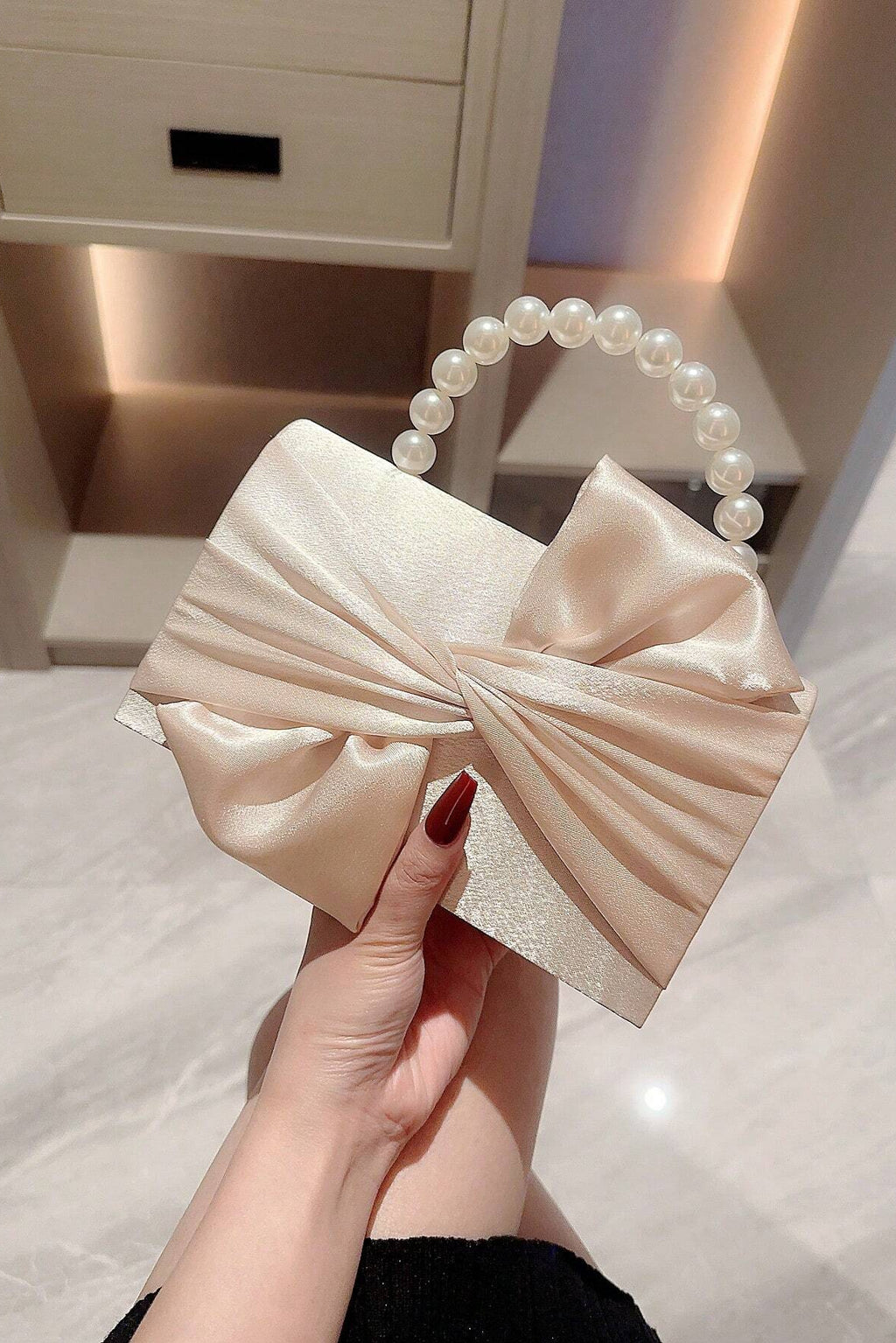 Light Blush Pink Smooth Satin Twisted Large Bow Mini Clutch Bag White Pearl Bead Handheld Handle