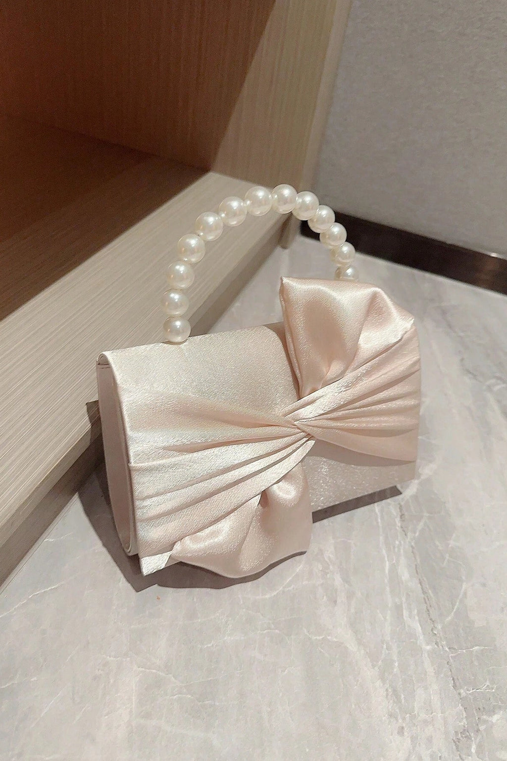 Light Blush Pink Smooth Satin Twisted Large Bow Mini Clutch Bag White Pearl Bead Handheld Handle