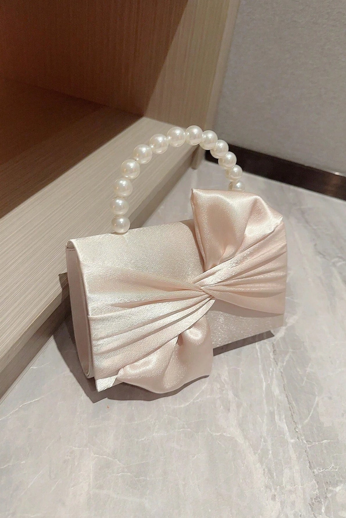 Light Blush Pink Smooth Satin Twisted Large Bow Mini Clutch Bag White Pearl Bead Handheld Handle