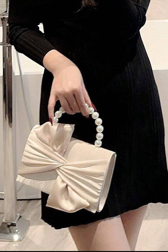 Light Blush Pink Smooth Satin Twisted Large Bow Mini Clutch Bag White Pearl Bead Handheld Handle