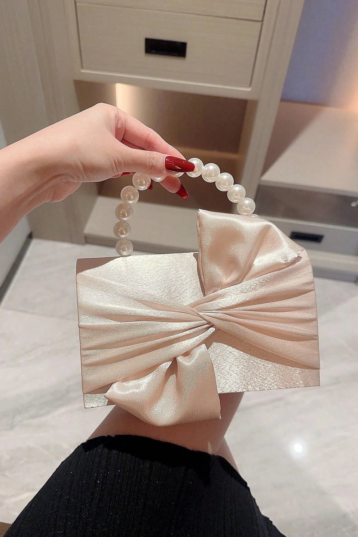 Light Blush Pink Smooth Satin Twisted Large Bow Mini Clutch Bag White Pearl Bead Handheld Handle