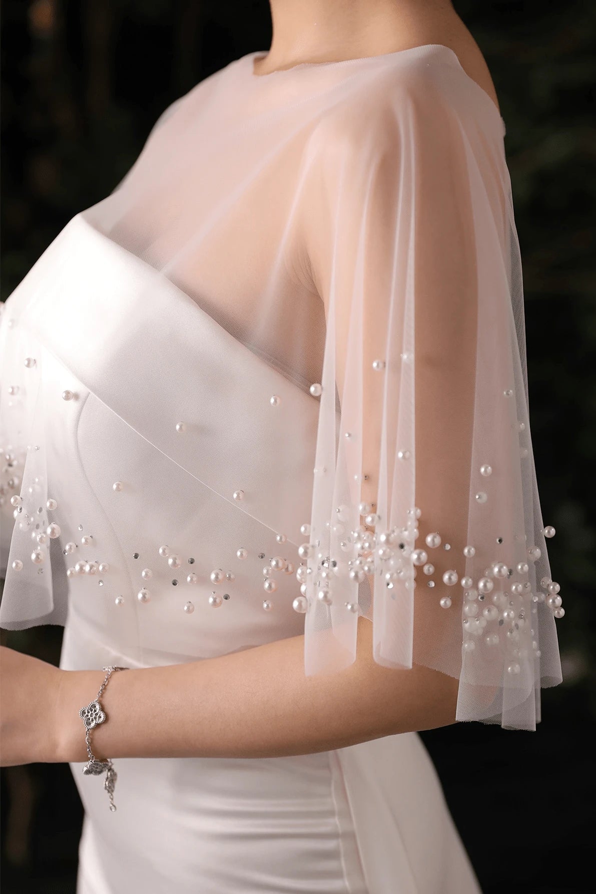 Hand placed pearls & mini rhinestones, subtle sparkling texture