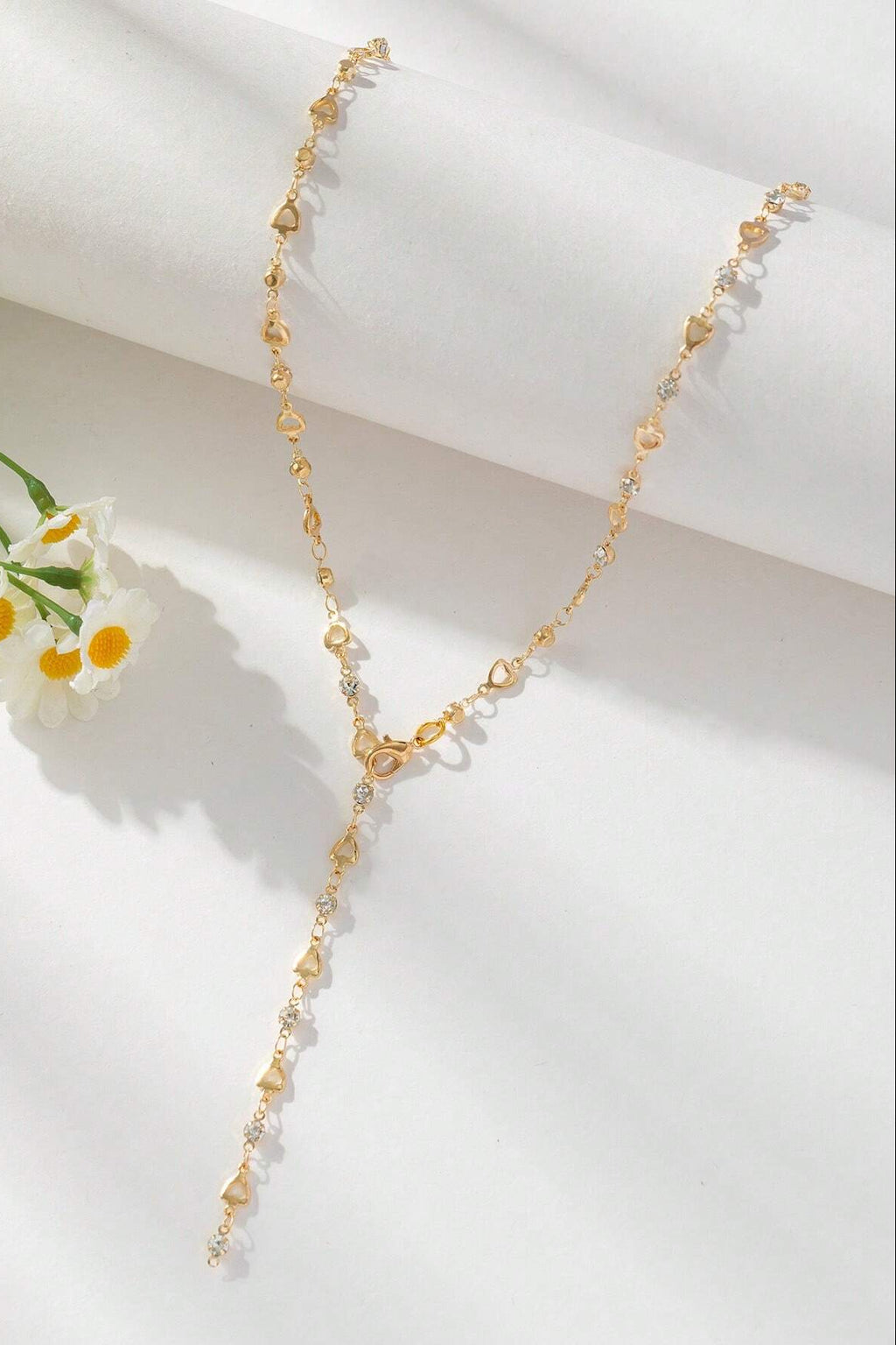 Gold Hollow Heart Chain Lariat Y-Necklace Inlaid Tiny CZ Dainty Body Chain Jewelry