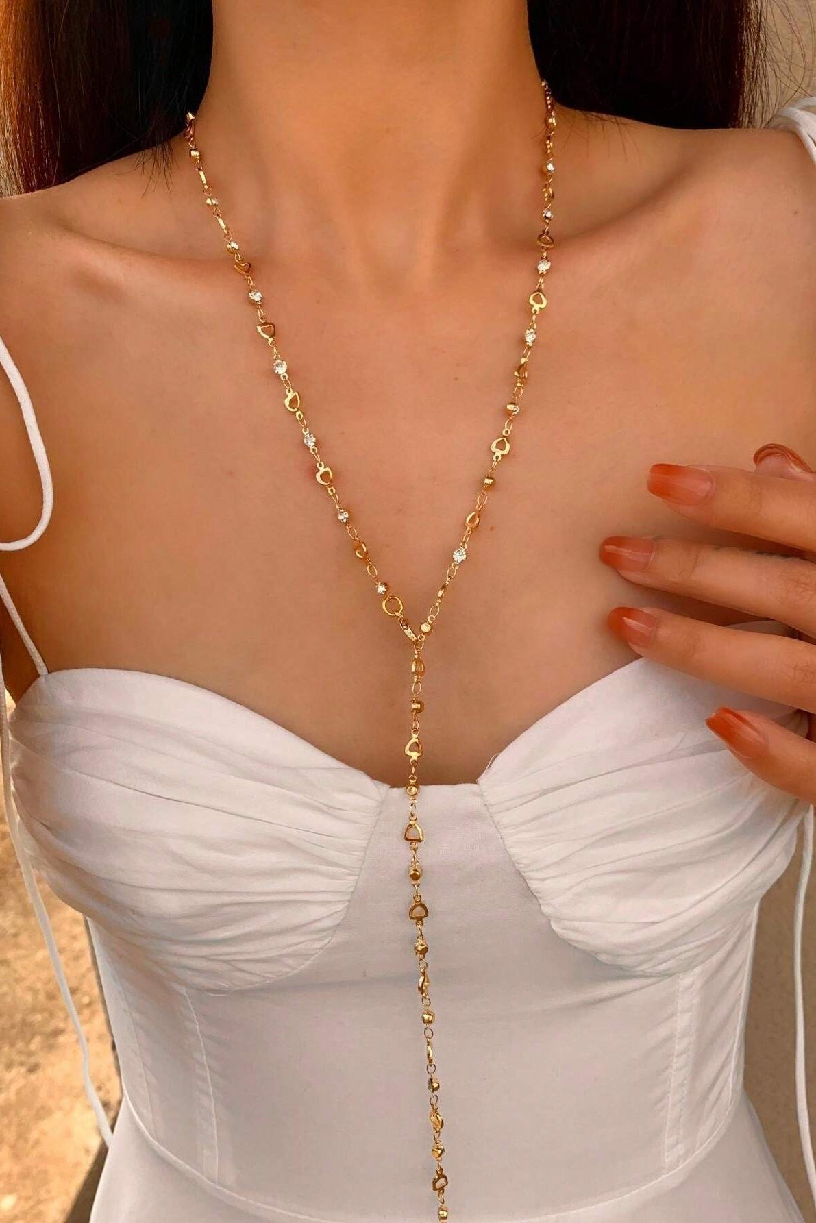 Gold Hollow Heart Chain Lariat Y-Necklace Inlaid Tiny CZ Dainty Body Chain Jewelry