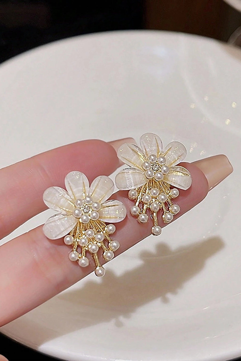 Gold Tone Mother of Pearl Flower Mini Pearl Tassel Stud Earrings Dainty French Floral Jewelry