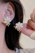 Gold Tone Mother of Pearl Flower Mini Pearl Tassel Stud Earrings Dainty French Floral Jewelry