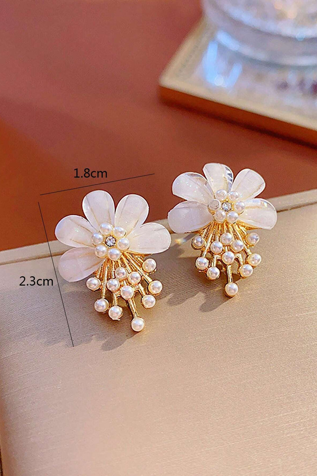 Gold Tone Mother of Pearl Flower Mini Pearl Tassel Stud Earrings Dainty French Floral Jewelry