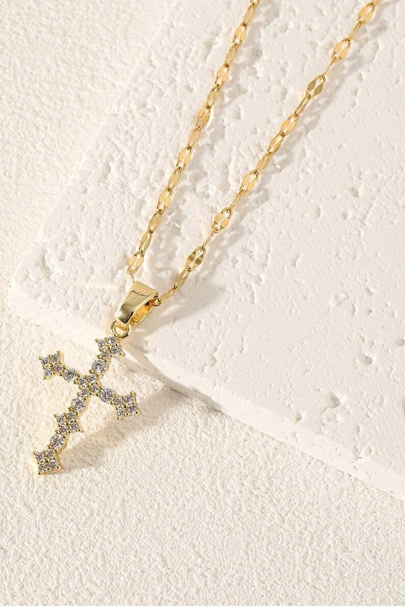 Dainty Crystal Cross Gold Necklace Sparkle Chain
