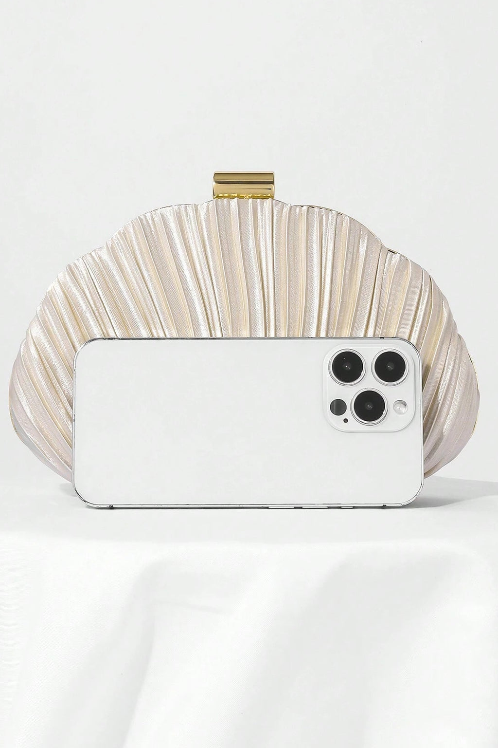 Light Champagne Pleated Satin Oval Hard Box Clutch Bag Removable Gold Link Crossbody Chain