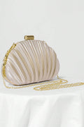 Light Champagne Pleated Satin Oval Hard Box Clutch Bag Removable Gold Link Crossbody Chain