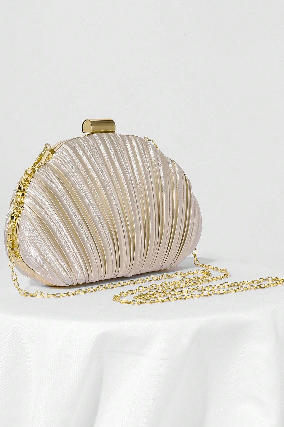 Light Champagne Pleated Satin Oval Hard Box Clutch Bag Removable Gold Link Crossbody Chain