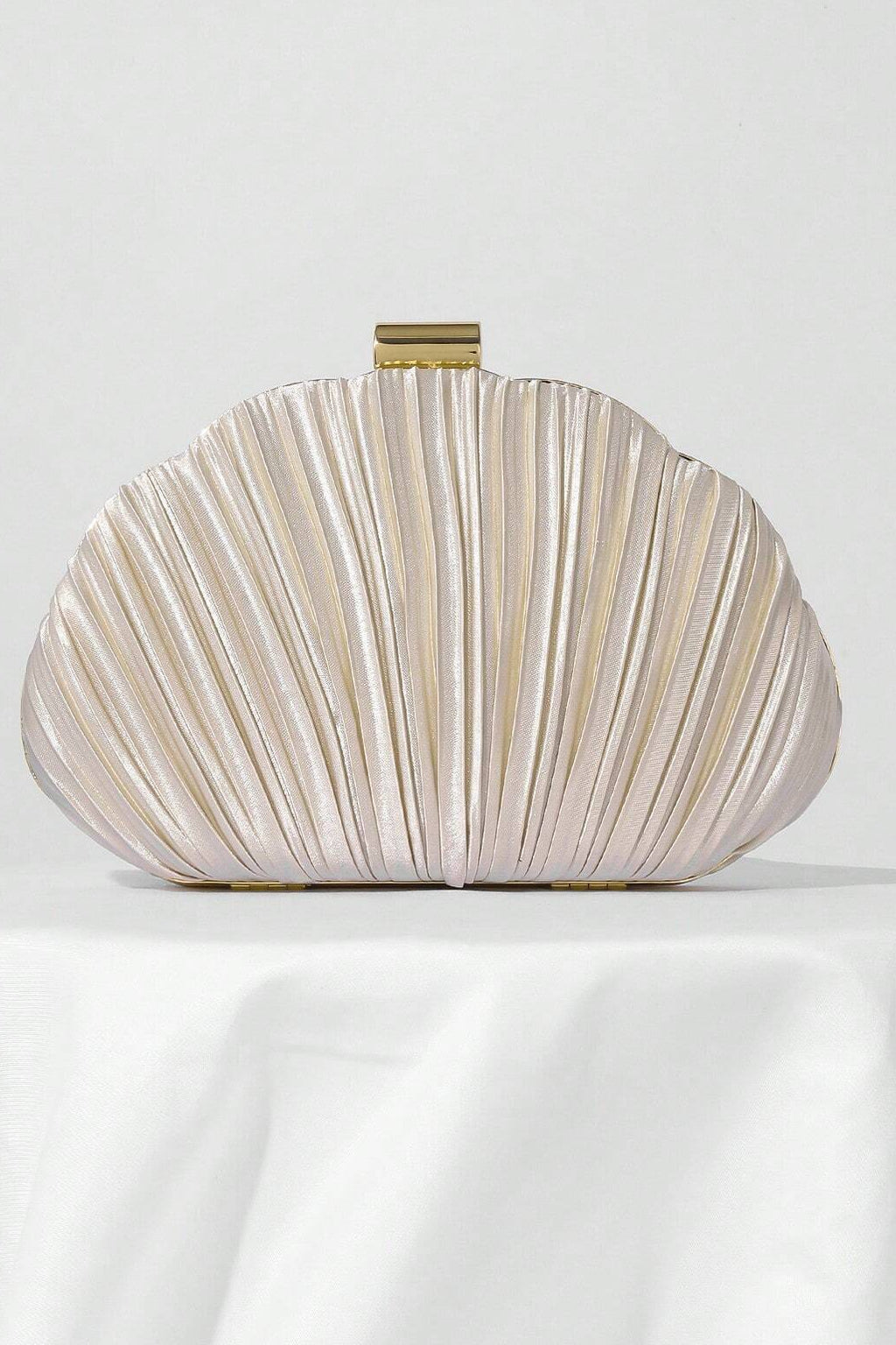 Light Champagne Pleated Satin Oval Hard Box Clutch Bag Removable Gold Link Crossbody Chain