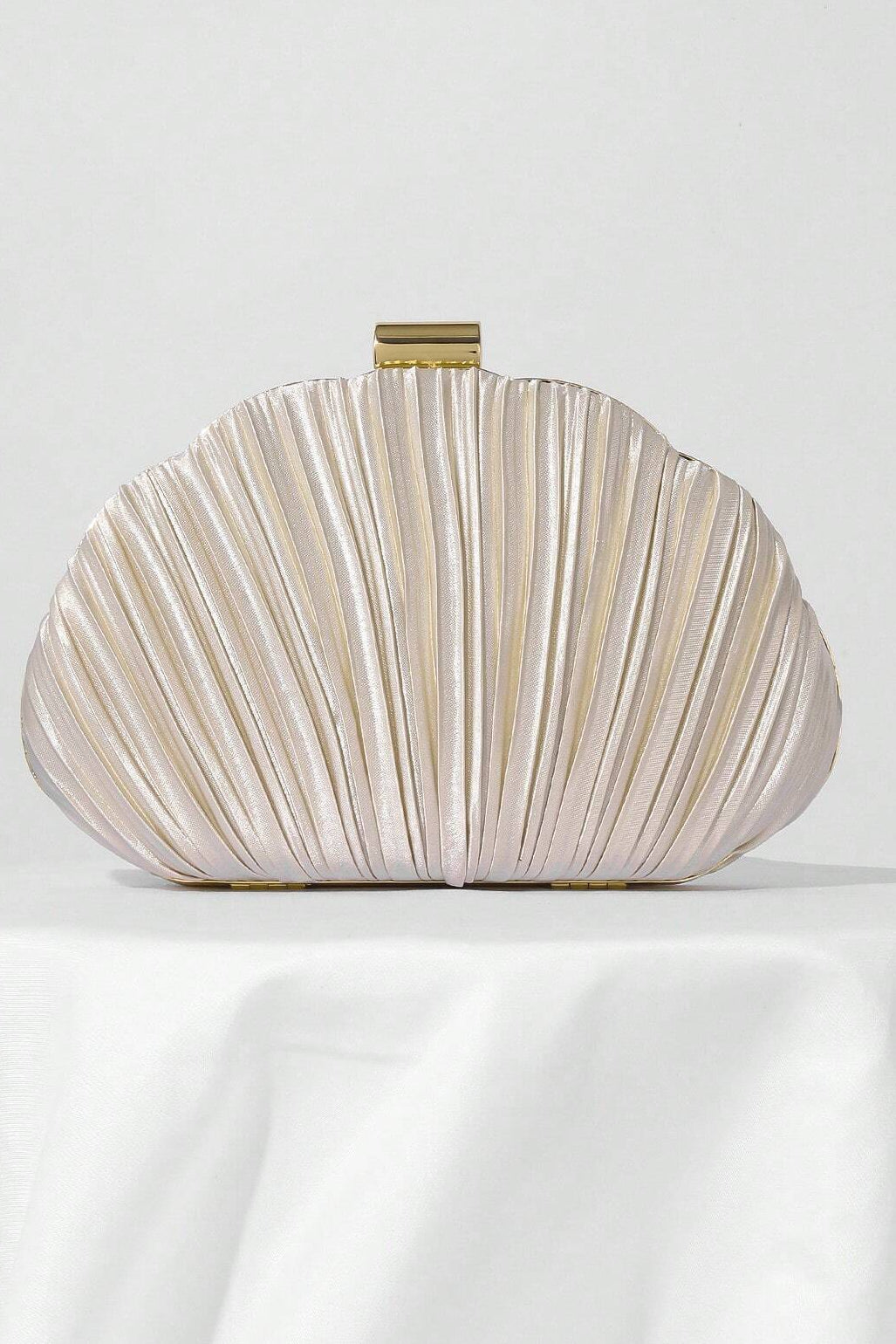 Light Champagne Pleated Satin Oval Hard Box Clutch Bag Removable Gold Link Crossbody Chain