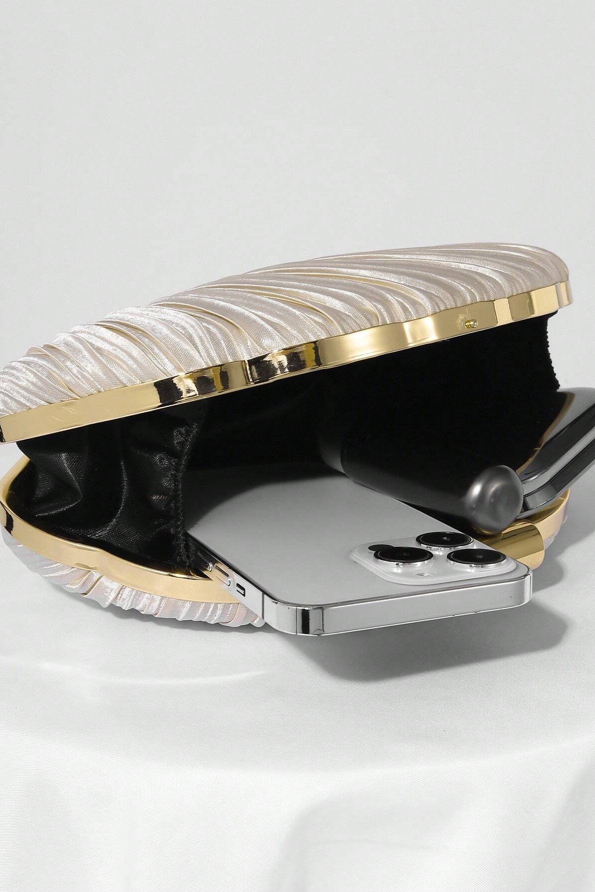 Light Champagne Pleated Satin Oval Hard Box Clutch Bag Removable Gold Link Crossbody Chain
