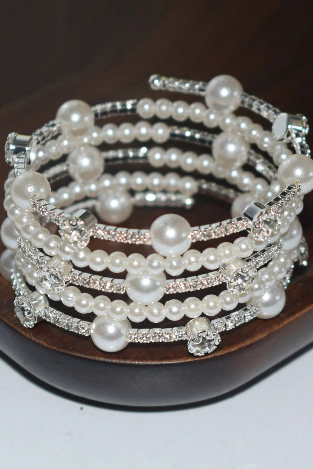 Multi-Layer Coil Wrap Bracelet Mix Pearl & Pave Rhinestone Silver Bridal Cuff