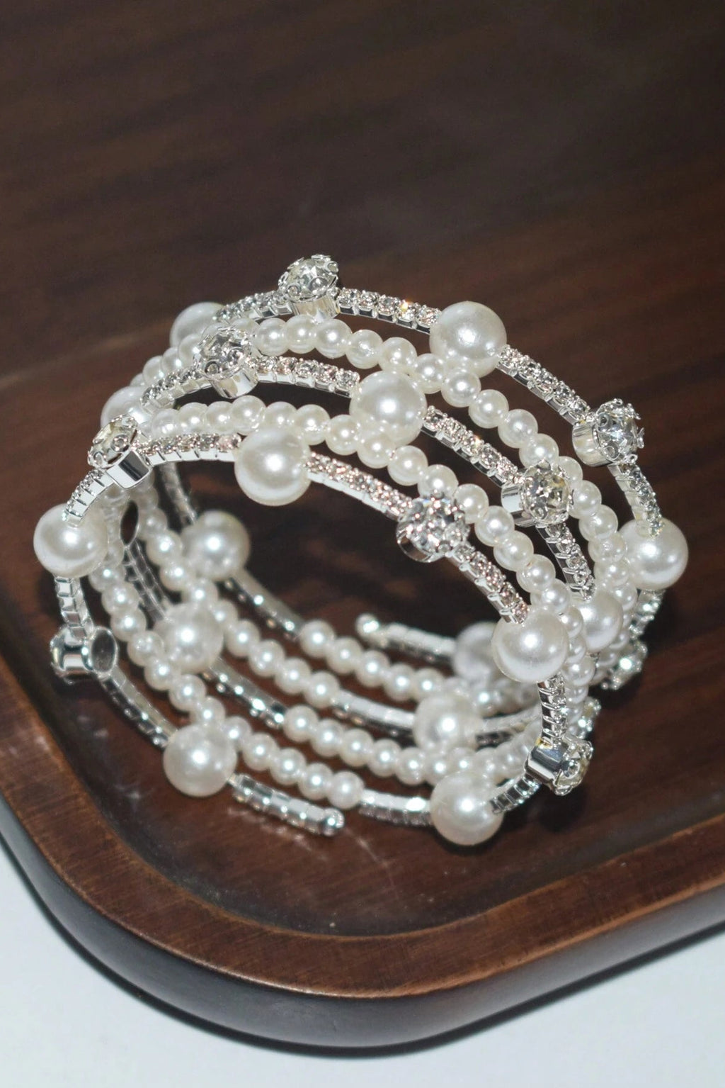 Multi-Layer Coil Wrap Bracelet Mix Pearl & Pave Rhinestone Silver Bridal Cuff