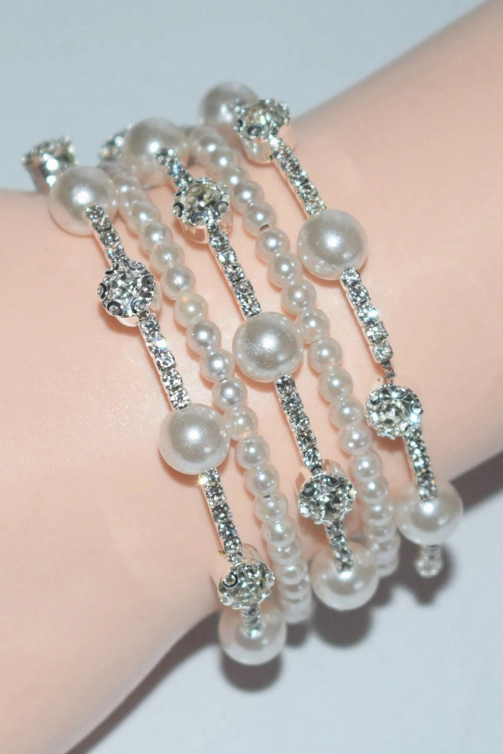 Multi-Layer Coil Wrap Bracelet Mix Pearl & Pave Rhinestone Silver Bridal Cuff