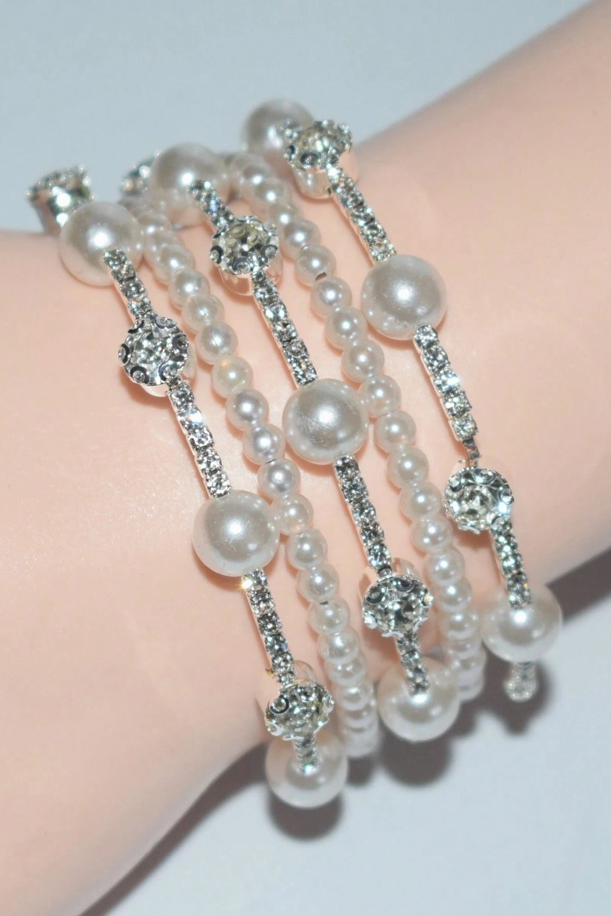Multi-Layer Coil Wrap Bracelet Mix Pearl & Pave Rhinestone Silver Bridal Cuff