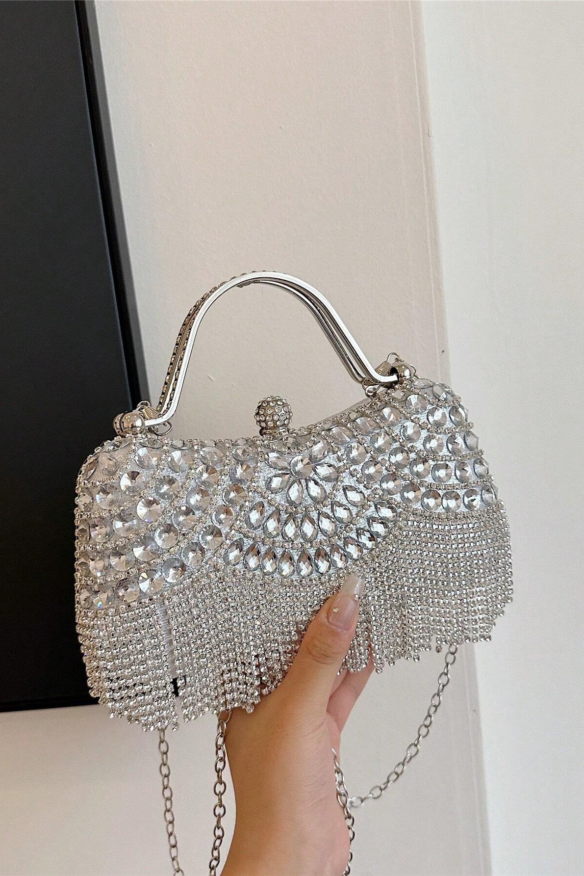 Clear Rhinestone Fringe Tassel Kiss Lock Clutch with Silver Handle & Crossbody Chain