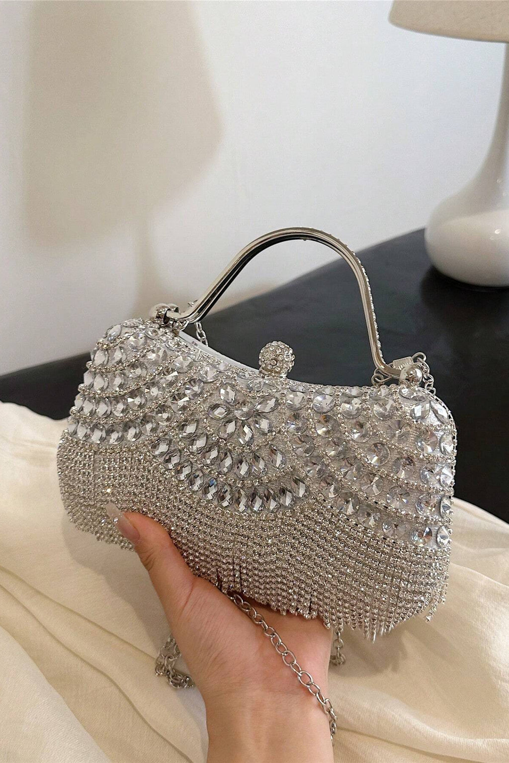 Clear Rhinestone Fringe Tassel Kiss Lock Clutch with Silver Handle & Crossbody Chain
