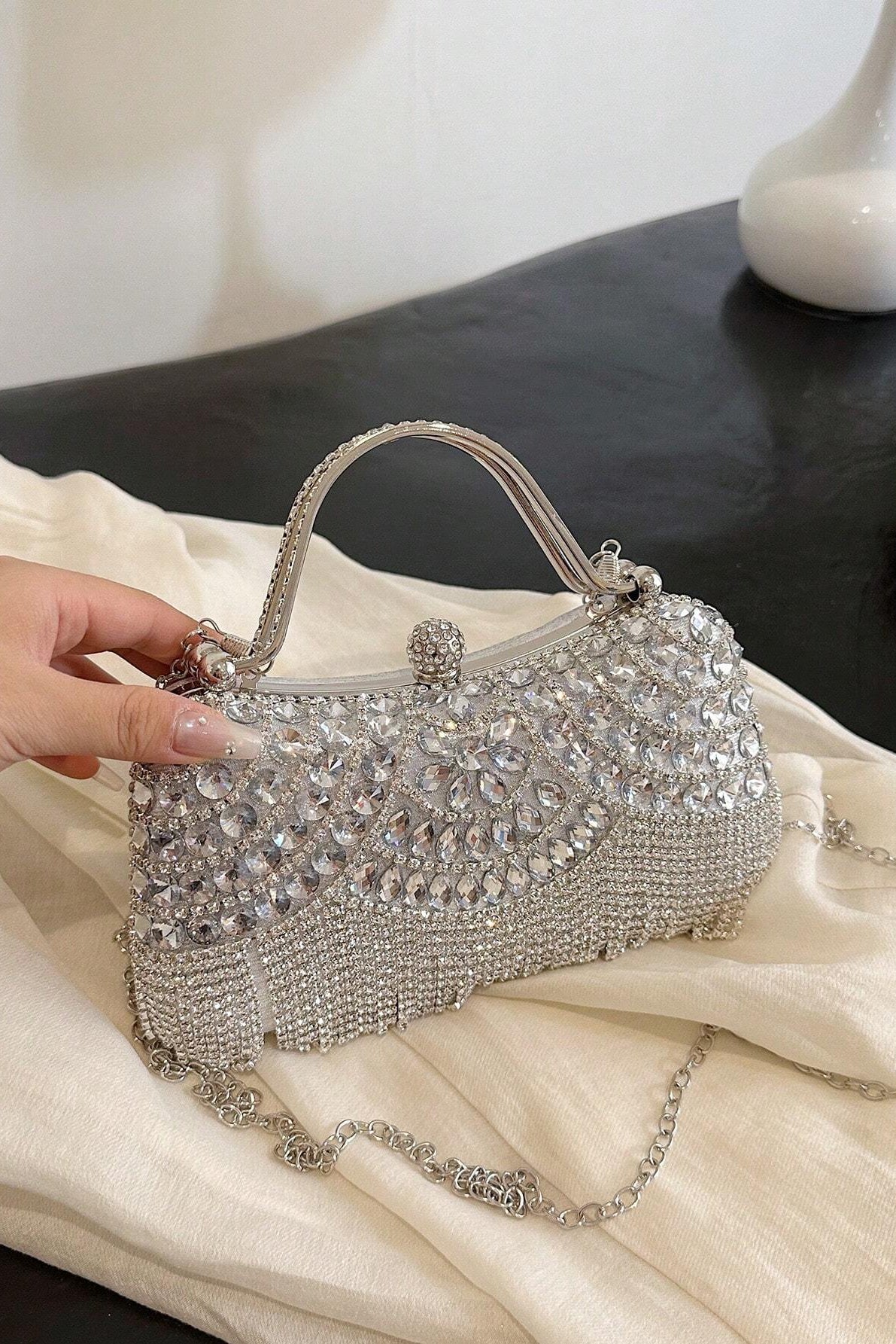 Clear Rhinestone Fringe Tassel Kiss Lock Clutch with Silver Handle & Crossbody Chain