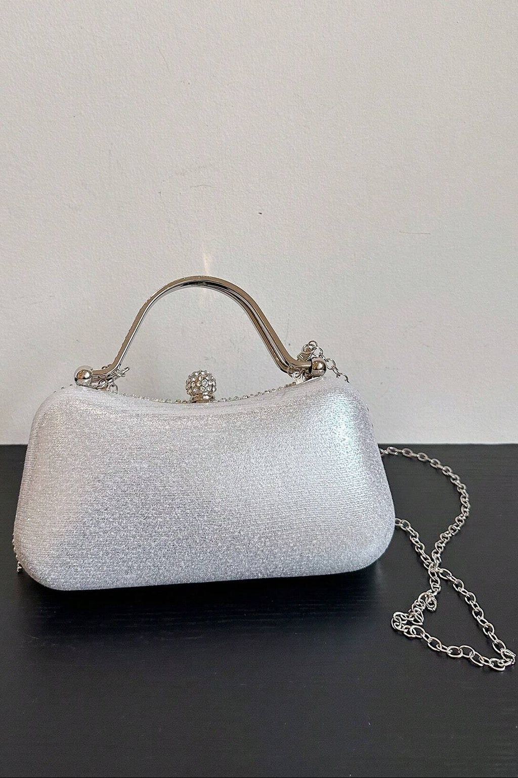 Clear Rhinestone Fringe Tassel Kiss Lock Clutch with Silver Handle & Crossbody Chain