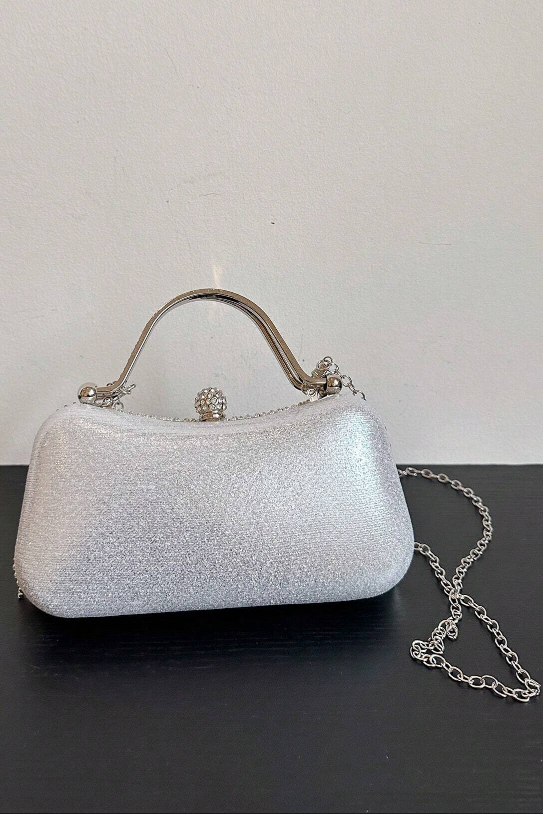 Clear Rhinestone Fringe Tassel Kiss Lock Clutch with Silver Handle & Crossbody Chain