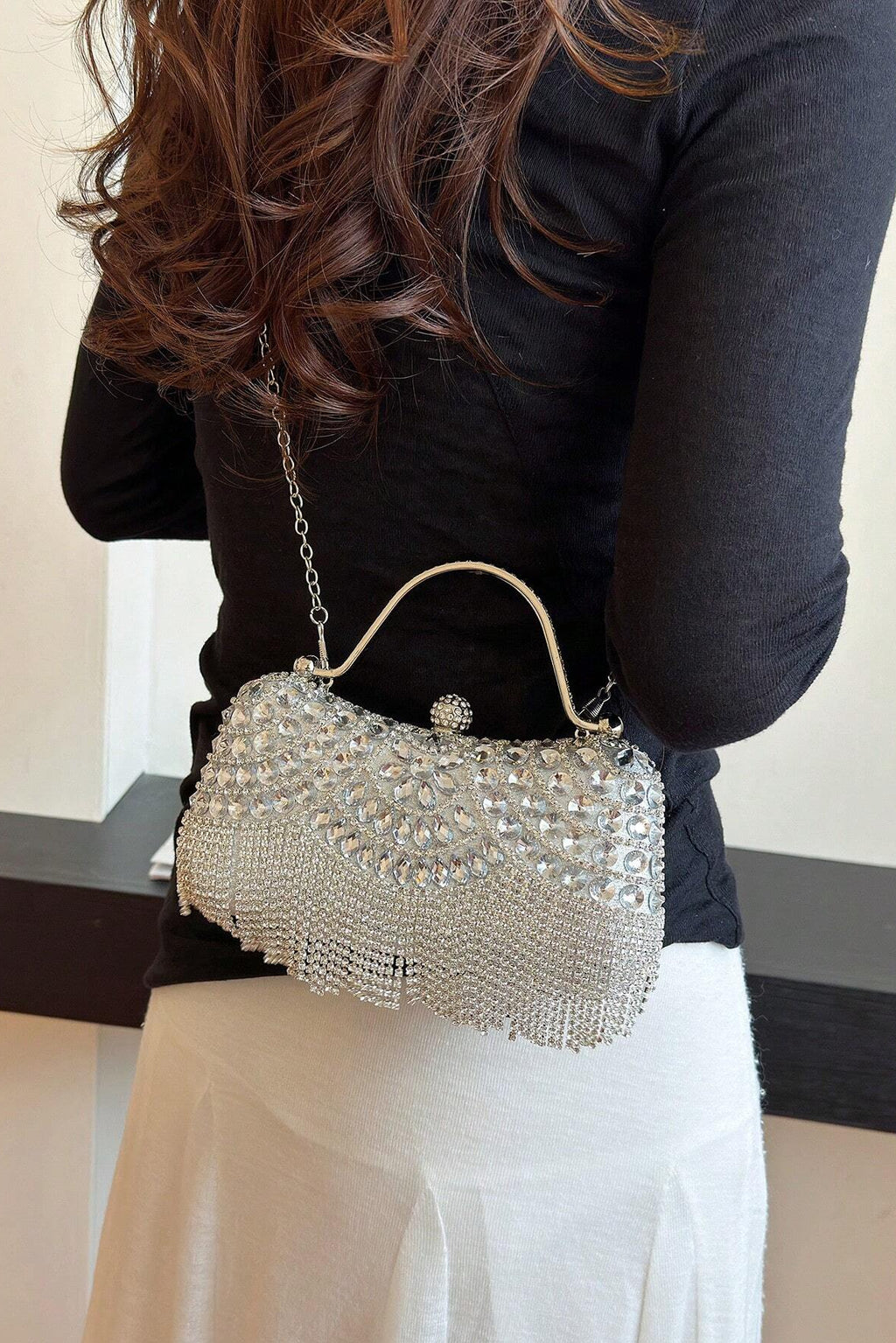 Clear Rhinestone Fringe Tassel Kiss Lock Clutch with Silver Handle & Crossbody Chain