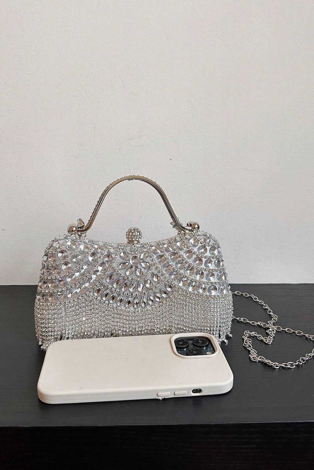 Clear Rhinestone Fringe Tassel Kiss Lock Clutch with Silver Handle & Crossbody Chain