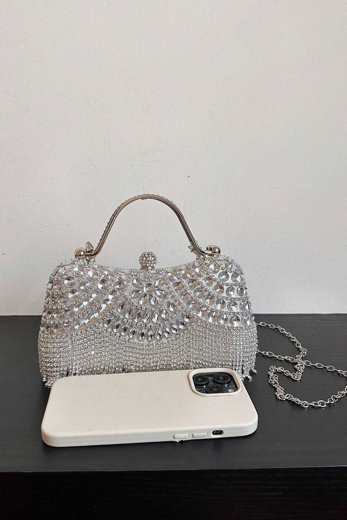 Clear Rhinestone Fringe Tassel Kiss Lock Clutch with Silver Handle & Crossbody Chain