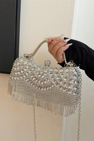 Clear Rhinestone Fringe Tassel Kiss Lock Clutch with Silver Handle & Crossbody Chain