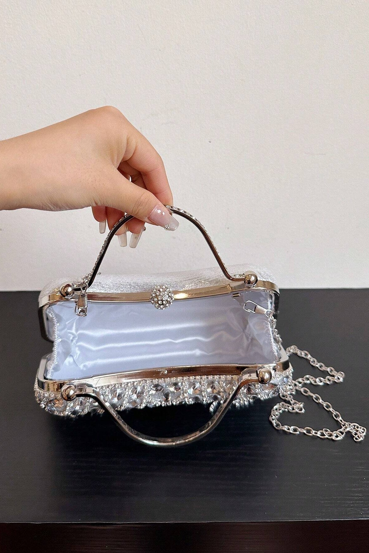 Clear Rhinestone Fringe Tassel Kiss Lock Clutch with Silver Handle & Crossbody Chain